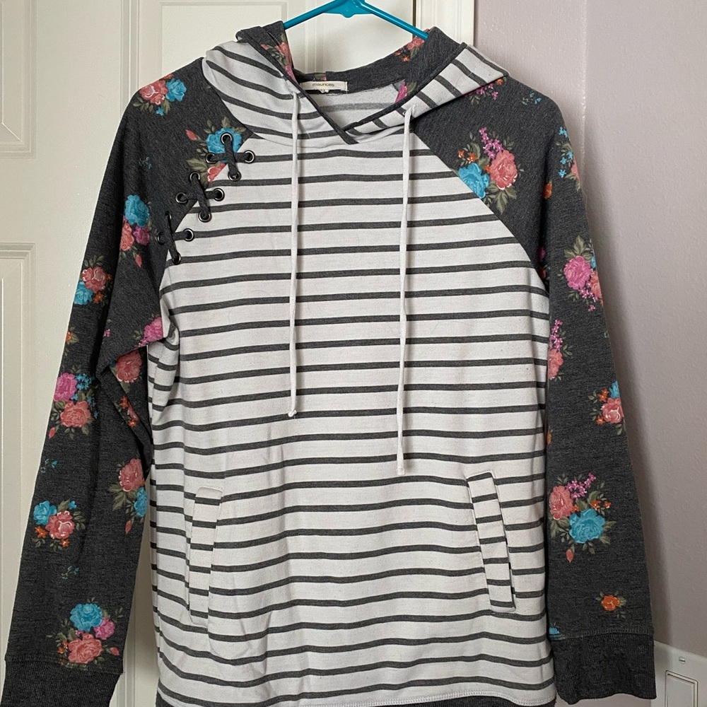 Maurices Gray Floral Hoodie with Lace-Up Accent